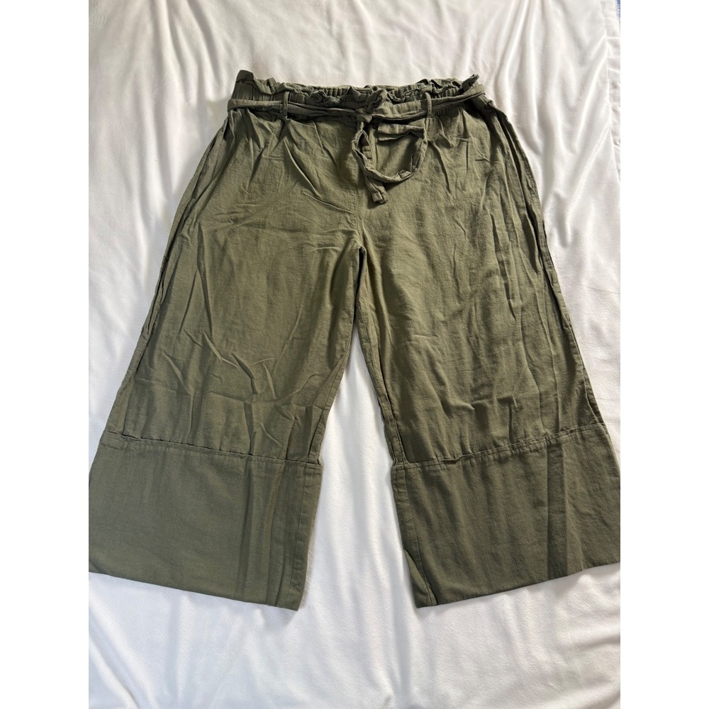 Deek Heart Plus Olive Green Cotton Paperbag Waist Wide Leg Cropped Pants 3X